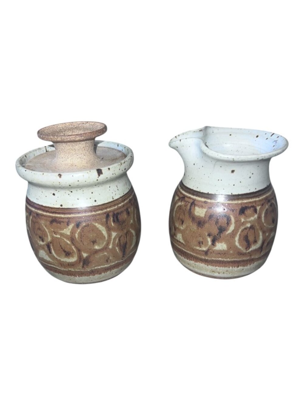 Paul Jordan Studio Pottery Creamer Sugar Set Brown Speckled Ceramic 4 Inch